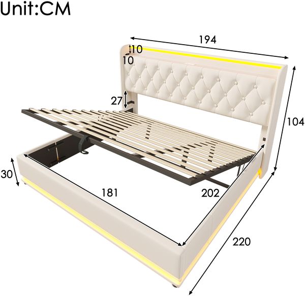 Polsterbett 180x200 cm aus PU mit Stauraum und 360-Grad-LED-Beleuchtung, mit USB- und Type-C-Anschlüssen Bild 8