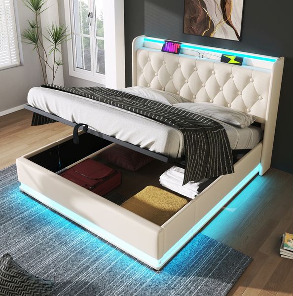 Polsterbett 180x200 cm aus PU mit Stauraum und 360-Grad-LED-Beleuchtung, mit USB- und Type-C-Anschlüssen