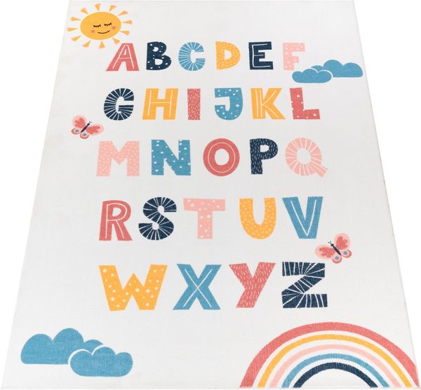Paco Home Teppich Kinderzimmer Kinderteppich Spielteppich Kurzflor rutschfest Krone Herzen Punkte Sonne Regenbogen Buchstaben, Grösse:140x200 cm, Farbe:Bunt