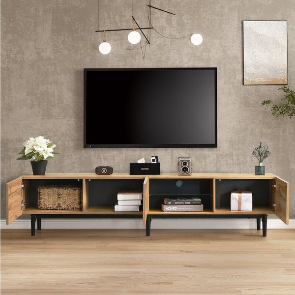 REDOM TV-Schrank MDF Holzschrank mit LED-Beleuchtung (Viel Stauraum, Push-to-Open-System) Holzoptik Schwarz