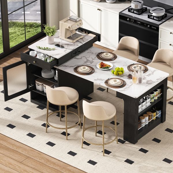 Kücheninsel mit Rollen, Ausziehbarer Esstisch mit abnehmbarer Tischplatte, Bartisch mit Steckdosenleisten, dient als Kücheninsel, Anrichte, Sideboard oder Bartisch für Küche und Esszimmer (Schwarz)