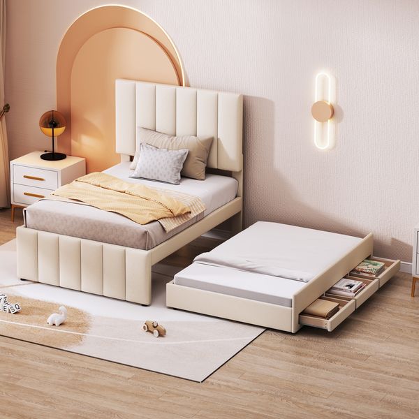 Polsterbett 90/190×200 cm mit Ausziehbett, 3 Schubladen, höhenverstellbarem Kopfteil, Beige, ohne Matratze