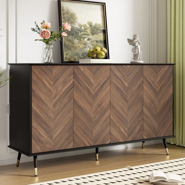 Merax Sideboard Fischgrätmuster Wohnzimmerschrank Buffet Schrank (140 x 40 x 80 cm, 1 St), Kommode mit 4 Türen, Stauraum, Metallbeine & Verstellbaren Regalen