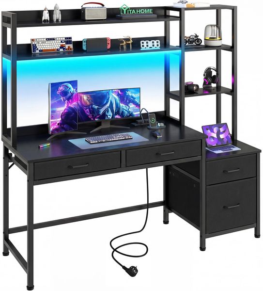 YITAHOME Computer Schreibtisch mit Schubladen, 150W x 50D x 150H cm Eckschreibtisch Für Home Office, Computer Tisch Aufbewahrungen & Regale, Gaming Schreibtisch mit LED Licht & Steckdosen, Schwarz