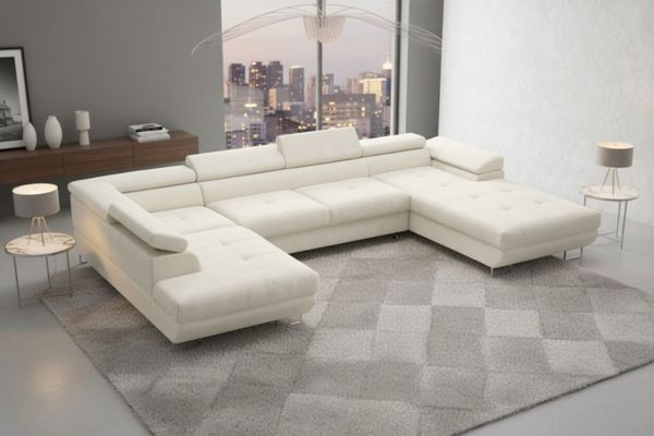 Wohnlandschaft Schlafsofa GIANLUCA in Stoff Gerra Creme Ottomane 105 cm Rechts
