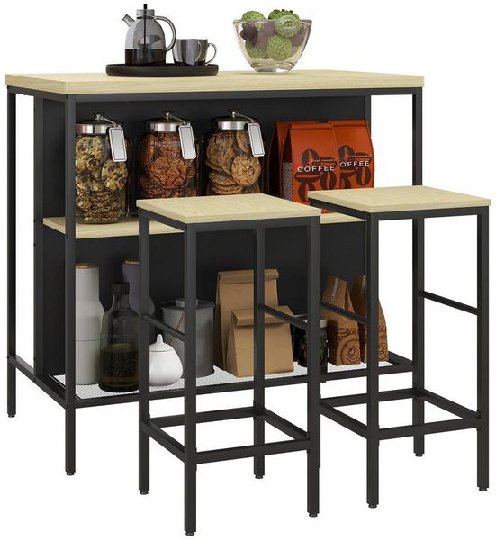 HOMCOM Bargruppe Küchentisch mit 2 Barhocker, Essgruppe im Modern-Stil, (Küchentisch, 3-tlg, Bartisch), für Essenzimmer, Schwarz