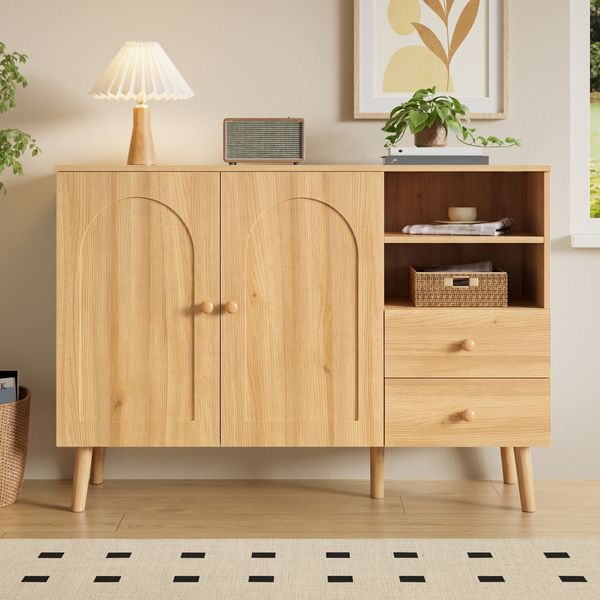 Merax Sideboard, gewölbte Türen, Holzgriffe, Holzfüße, mit 2 Türen, 2 Schubladen und 2offenem Fach, Mehrfachaufbewahrung, Natur