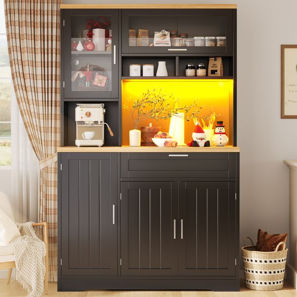 Hochschrank 104 x 40 x 180 cm aus MDF mit LED-Beleuchtung, Glastüren und Schublade, schwarz