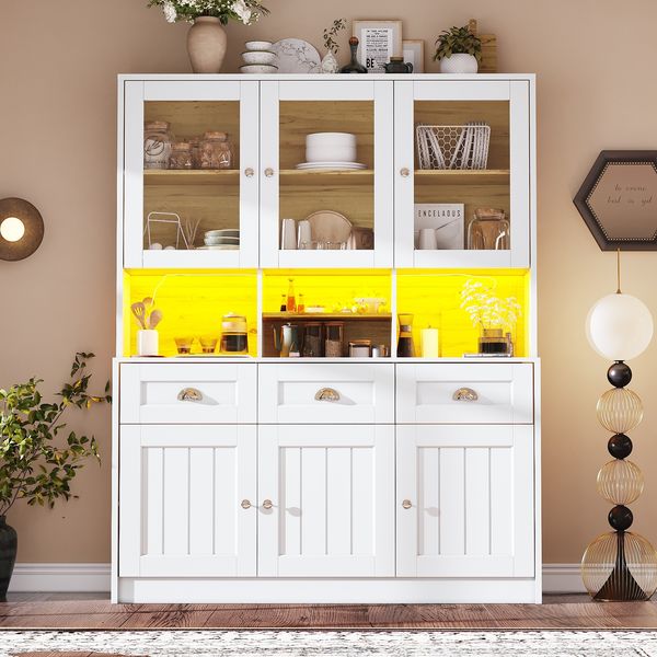 Hochschrank B 140 x T 40 x H 175 cm, MDF Weiß, Acryltüren, LED-App-Steuerung, 3 Schubladen & 6 Türen