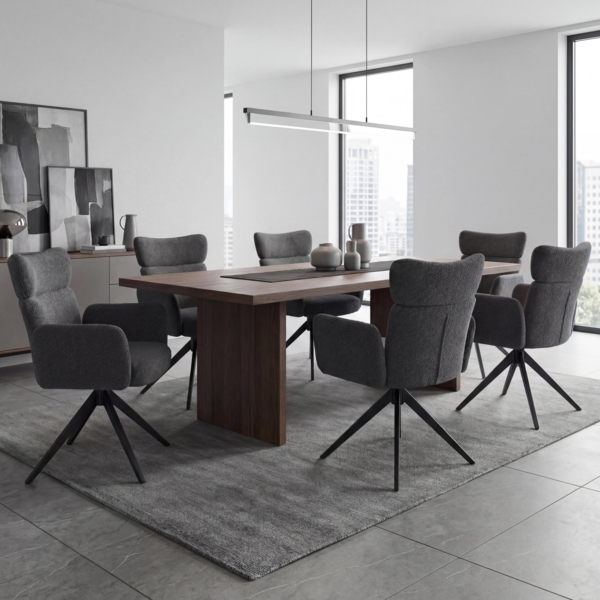 6er-Set Esszimmerstuhl HWC-N11, Stuhl, drehbar Auto-Return Stoff Bouclé 350g/m² Öko-Tex ~ dunkelgrau, Beine dunkelgrau