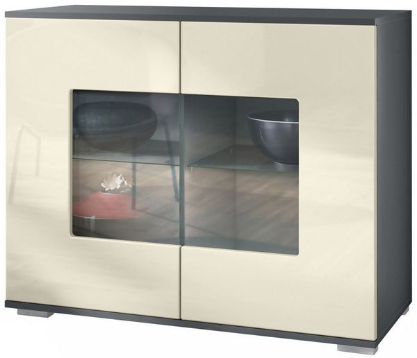 Vladon Kommode Grömitz V3 (Moderner Küchenschrank, mit 2 großen Glastüren), Anthrazit matt / Creme Hochglanz (92,5 x 75.5 x 35)