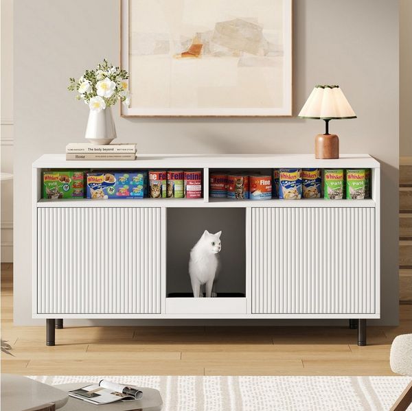 Celya Sideboard Katzentoiletten-Schrank/Katzenstreuwanne-Schrank mit Sandauffangmatte (ohne Katzenstreuwanne, 120 x 50 x 66 cm, Weiß), Haustier-Schrank mit Ablage, Haustier-Sideboard/TV-Schrank
