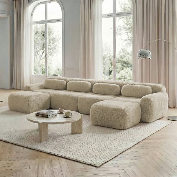 Modulares Sofa aus Plüsch mit rutschfester Basis & Kissen, beige