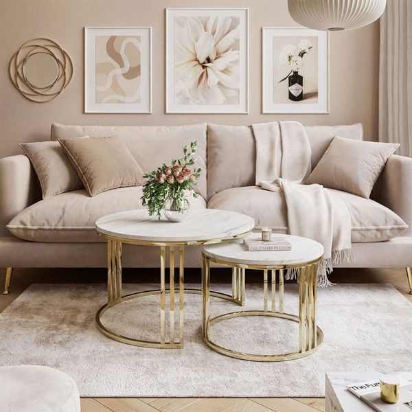 Lookway Couchtisch LORI 2in1 LEVANTO runder Couchtisch mit gold chrom Gestell (2er Set), Durchmesser: ⌀70 cm und ⌀50 cm