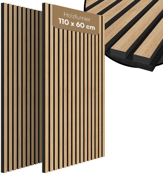 Bellamio 'Kilwa' 3D Akustikpaneele, Holzoptik Eiche, Echtholzfurnier und MDF, 110x60x2,1 cm, Wandpaneele mit Schallschutz, 2er Set