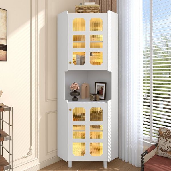 Flieks Badkommode Eckschrank mit LED-Beleuchtung und Glastüren (1 St, 63,5x45x157,5 cm), Hochschrank Mehrzweckschrank Eckkommode mit 5 Fächern Weiß