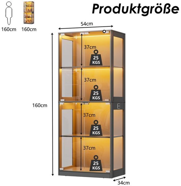 TWSOUL Glasvitrine LED Standvitrine mit Intelligente Sensorik und Pop-up-Design bis 100kg 4-Lagen Standregal mit Glastür, Hochschrank Vitrine für Sammler