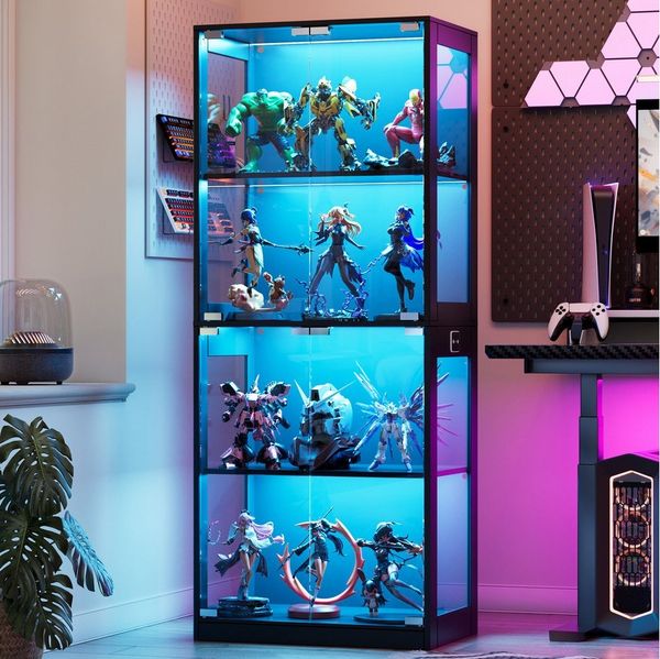 TWSOUL Glasvitrine LED Standvitrine mit Intelligente Sensorik und Pop-up-Design bis 100kg 4-Lagen Standregal mit Glastür, Hochschrank Vitrine für Sammler