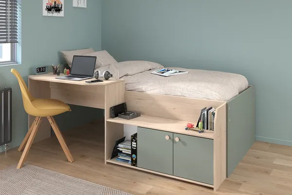 Vente-unique - MIVONA Bett Holz, Platte GrünBeige - B 203 cm x H 75,2 cm x L 136 cm