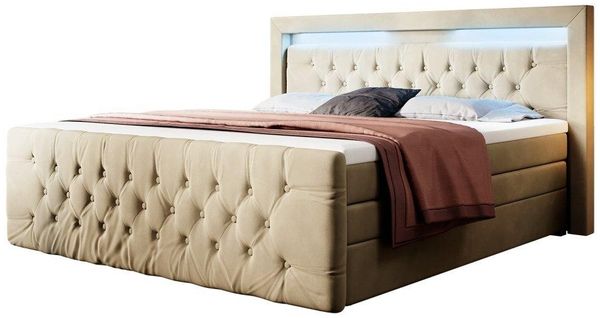 Boxspringbett Gloria mit LED und Stauraum 200x200 Beige H2 (bis 70kg)