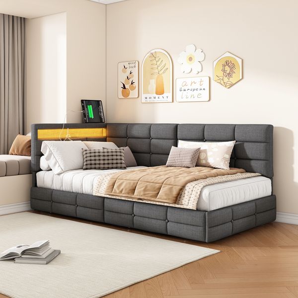 Gray linen L-shaped headboard with charging port, LED light, bed tail drawer, soft package bed, European plug 90 * 200