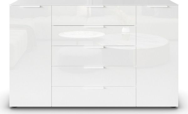 rauch Schubkastenkommode Flipp Kommode Sideboard Wäscheschrank, 2-türig, 5 Schubladen, Soft-Close, Oberboden und Front Glas, 2 Breiten