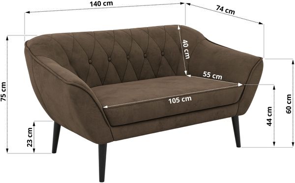 Polstersofa PIRS 2 Skandinavisches Sofa 2-Sitzer, Sofa mit Wellenfederung, Breite 140 cm, schwarze Füße Hoher Sitzkomfort - Braun Velvet Bild 5