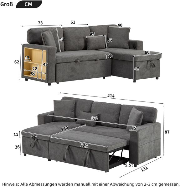 4-Sitzer Ecksofa B 214 x T 131 x H 87 cm aus Oxford-Stoff mit Schlaffunktion und USB Bild 5