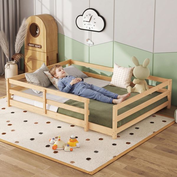 Ball & Cast Kinderbett Bodenbett 140x200 cm, Hausbett mit Sicherheitsumrandung, Montessori Bett aus massivem Kiefernholz, einfache Montage, ohne Matratze, Natur