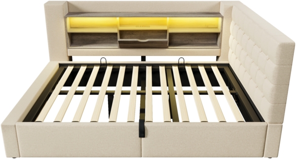 Merax Polsterbett 140x190 cm Doppelbett mit LED-Beleuchtung, hydraulischem Stauraum, L-förmigem Kopfteil mit Stauraum, beidseitig montierbar, Leinen, Beige (Ohne Matratze) Bild 9
