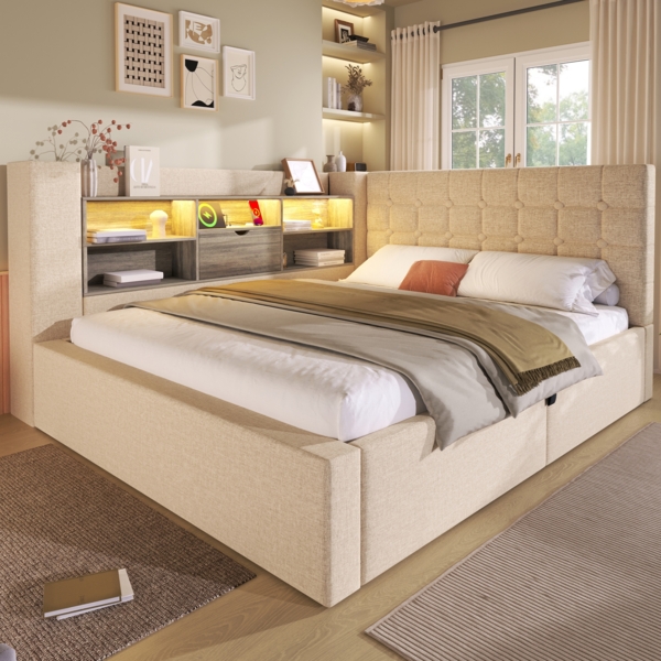 Merax Polsterbett 140x190 cm Doppelbett mit LED-Beleuchtung, hydraulischem Stauraum, L-förmigem Kopfteil mit Stauraum, beidseitig montierbar, Leinen, Beige (Ohne Matratze) Bild 3