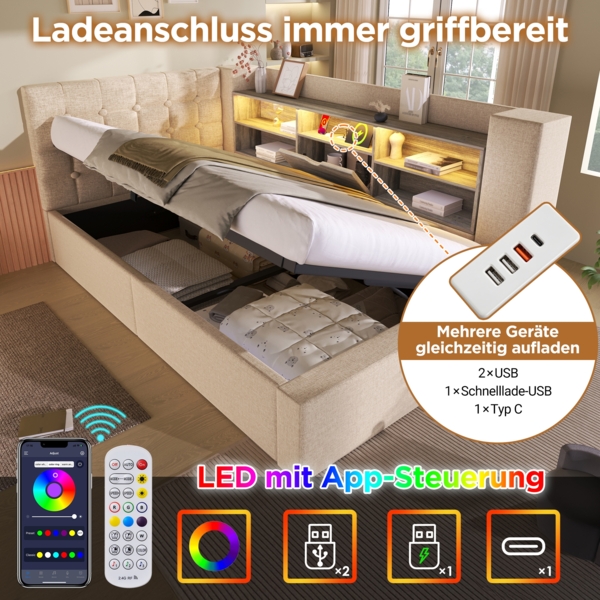 Merax Polsterbett 140x190 cm Doppelbett mit LED-Beleuchtung, hydraulischem Stauraum, L-förmigem Kopfteil mit Stauraum, beidseitig montierbar, Leinen, Beige (Ohne Matratze) Bild 5