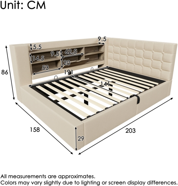 Merax Polsterbett 140x190 cm Doppelbett mit LED-Beleuchtung, hydraulischem Stauraum, L-förmigem Kopfteil mit Stauraum, beidseitig montierbar, Leinen, Beige (Ohne Matratze) Bild 4