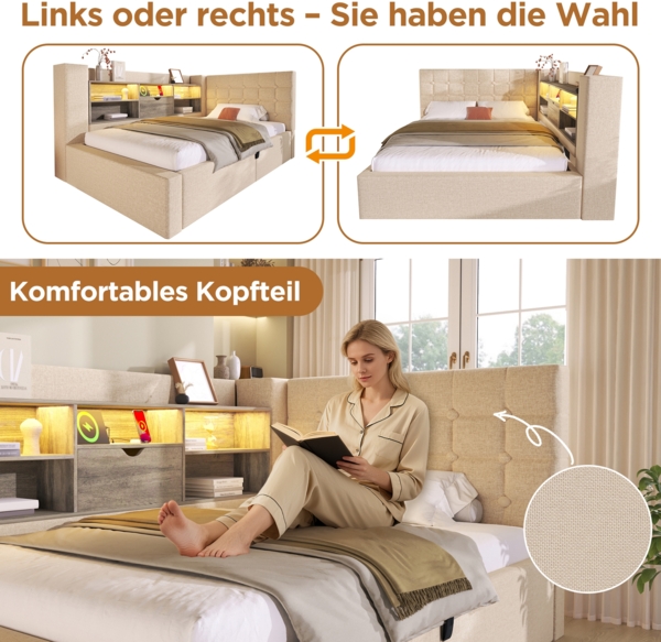 Merax Polsterbett 140x190 cm Doppelbett mit LED-Beleuchtung, hydraulischem Stauraum, L-förmigem Kopfteil mit Stauraum, beidseitig montierbar, Leinen, Beige (Ohne Matratze) Bild 6