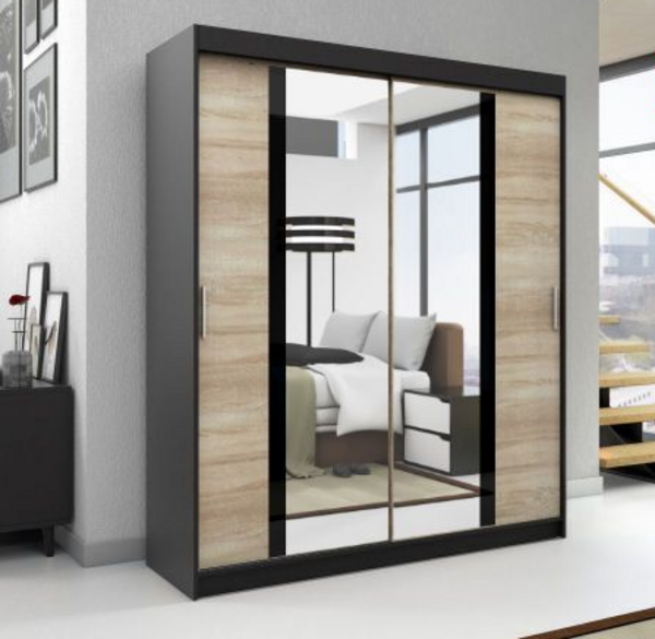 Schwebetürenschrank BRANI 2-türig Schrank 160 cm (mit Spiegel) Farbe: Schwarz , sonoma