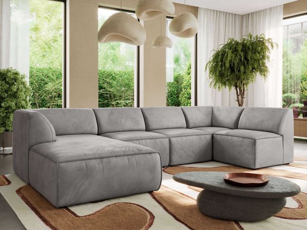 Modulares XXL-Ecksofa MODARO 5M, U-Form, Wohnlandschaft, 5-teilig, freistehend, Wohnzimmer Couch, HR-Schaumstoff - Hellgrau Velvet - Links
