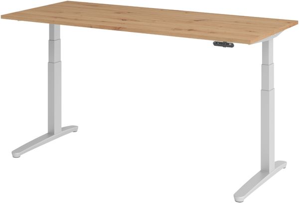 bümö elektrisch höhenverstellbarer Schreibtisch 180x80 cm mit Memory-Steuerung - Design Schreibtisch höhenverstellbar elektrisch, elektrischer Schreibtisch Asteiche, Gestell silber, XBHM-19-R-SS
