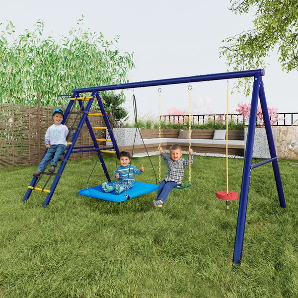 Merax Multifunktionales Outdoor-Schaukel-Set – 3 Schaukeln + Klettergerüst + Basketballkorb, Outdoor-Schaukel-Kombination, Hängeschaukel, Gurt-Schaukel, Kletterseil-Schaukel, ein Outdoor-Spielparadies