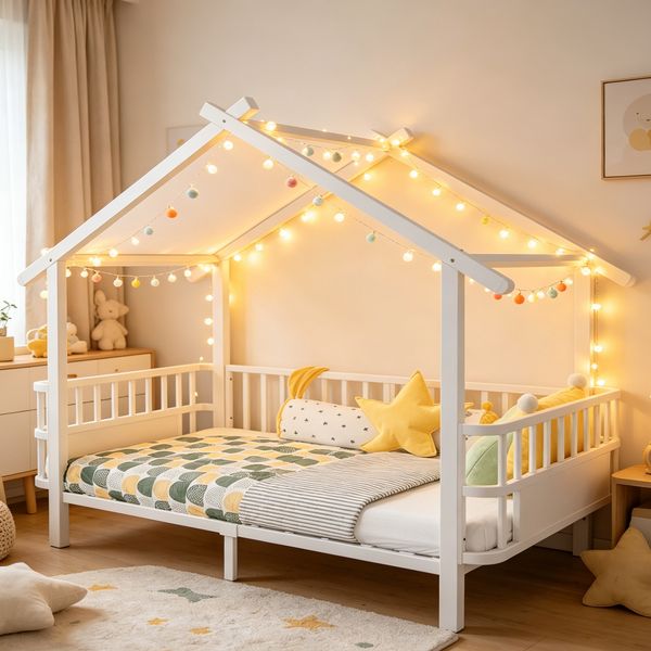 Merax Kinderbett aus Metall in Hausform, 90 x 200 cm, mit Sicherheitsgitter, Dachdesign und dekorativem Rahmen, für Jungen und Mädchen(Lichtleiste nicht enthalten), Weiß
