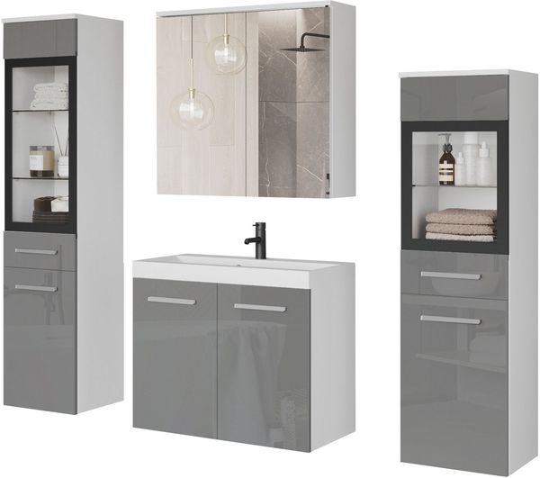 welltime Badmöbel-Set MADRIT II, Schrank mit Waschbecken, 2 Hänger, Spiegelschrank, (Komplett-Set, 5-St), Hängende Badmöbel mit Glaseinsätzen – in vielen Farben erhältlich