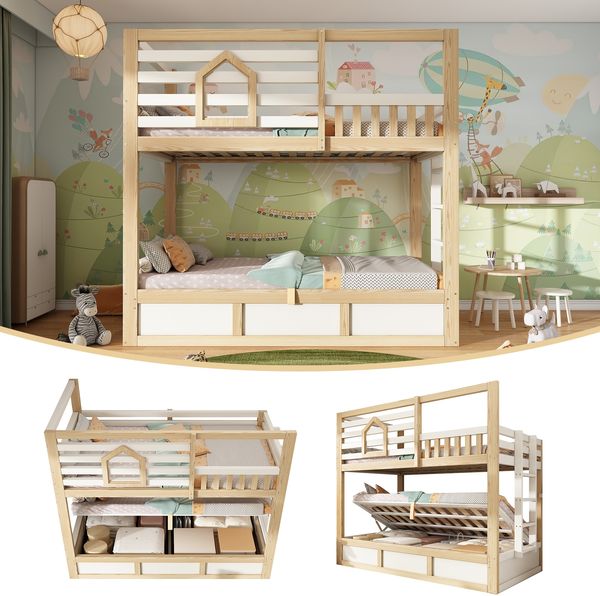 Novelux Kinder Etagenbett 90x200 cm mit Hydraulik Stauraum & Fenster – Kiefernholz Weiß/Natur, Hausbett für 2 Kinder, EN747 zertifiziert, Rausfallschutz