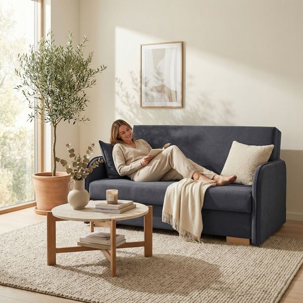 Wohnero 24 Goldi 2 Premium Schlafsofa 124x100 cm mit Schlaffunktion & Bettkasten – 113x195 cm Liegefläche, Hochwertiges Sofa Dunkelgrau