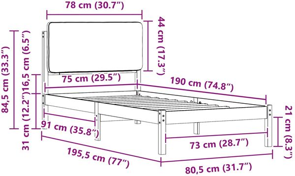 vidaXL Bettgestell mit gepolstertem Kopfteil Dunkelgrau 75 x 190 cm 877950 Bild 11