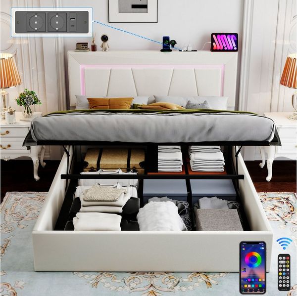 oyajia Polsterbett LED Doppelbett 140x200cm mit Ladefunktion und Hydraulisch anhebbarer (PU-Leder material Polsterbett mit RGB Beleuchtung, ohne Matratze, ohne Matratze), mit Lattenrost und Ladefunktion, mit Komforthöhe, Leises Design Bett