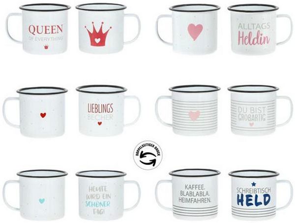 Macosa Home Becher Metall Weiß mit Spruch Metalltasse Metallbecher modern 350 ml, Keramik, Campingtasse Campingbecher Queen Alltagsheldin Schreibtischheld