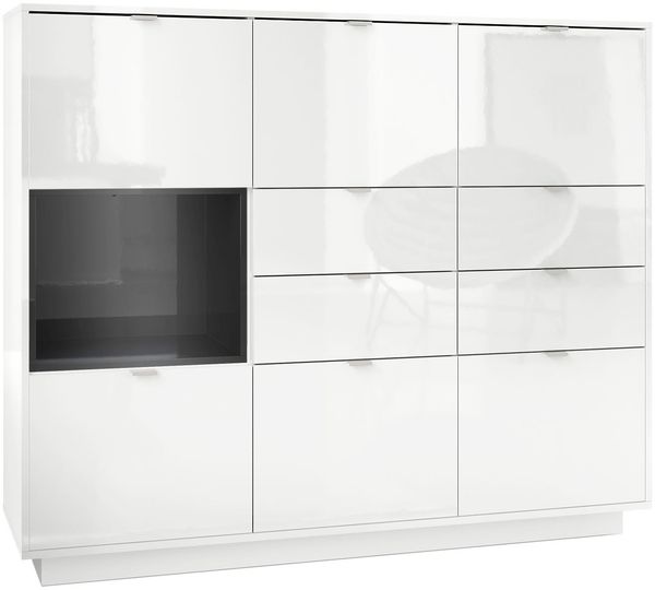 Highboard Sideboard Metro V2, Korpus in Weiß Hochglanz / Fronten in Weiß Hochglanz mit Einsatz in Schwarz Hochglanz