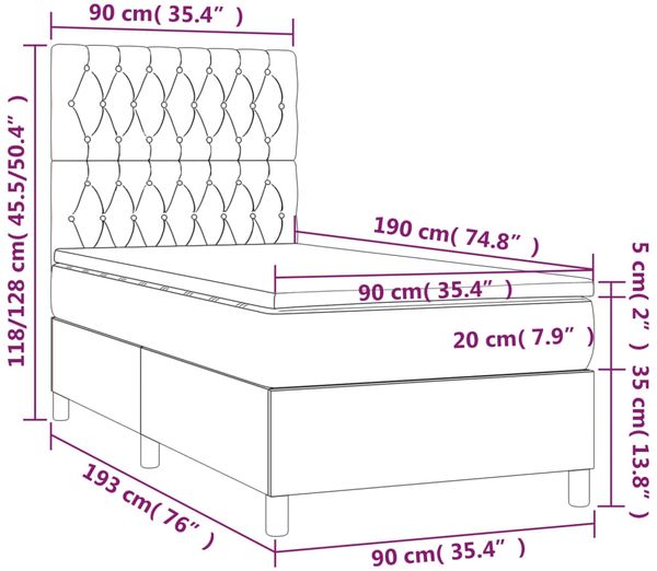 vidaXL Boxspringbett mit Matratze & LED Hellgrau 90x190 cm Samt 3136275 Bild 8