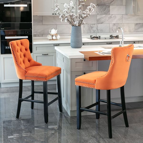 Barhocker 49,5 x 60 x 103,5 cm aus Samt mit hoher Rückenlehne und Massivholzgestell, orange