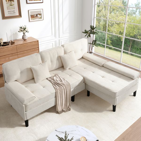 Ecksofa aus Chenille 195x149x86 cm mit beweglicher Fußbank, hellbeige