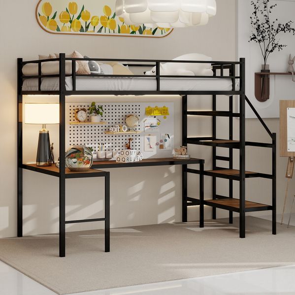 Hochbett 90x190 cm mit L-Schreibtisch und Stauraum – Metallbett in Schwarz mit Treppe